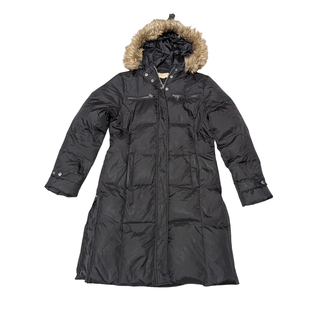 Michael Kors Puffer Coat Women Small Black Faux Fur Hood Down Parka Quilted Long